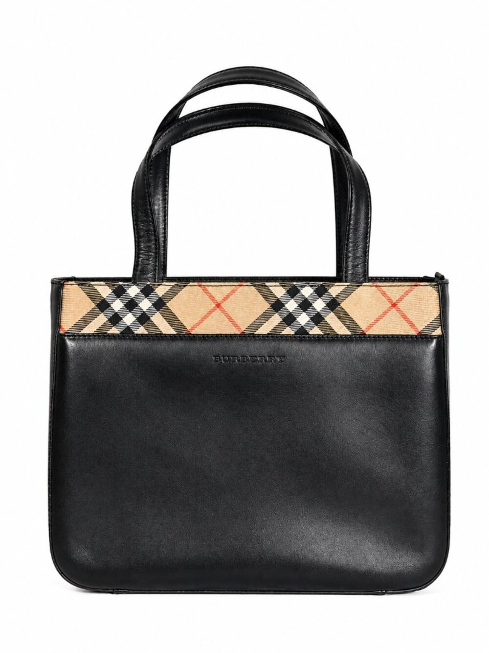 Burberry Black Leather Mini Tote Bag with Nova Check Trim